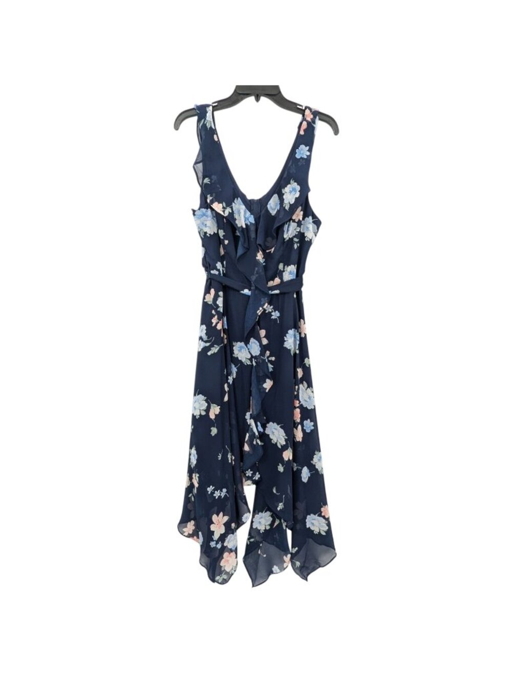 Floral Handkerchief Midi Dress Belted Asymmetrical Cottage Fairy Ruffle Size  12